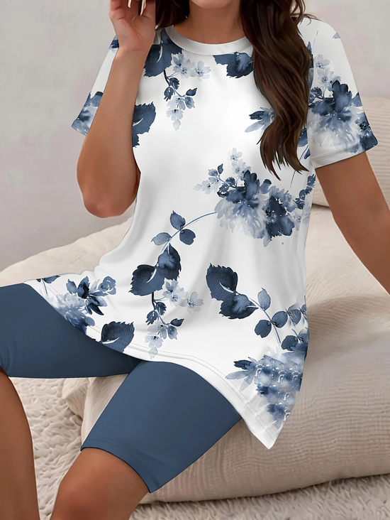 Damen Geblümt Print Zweiteiliges Set Täglich Kurzarm Lässig Sommer Bluse mit Hose Matching Set