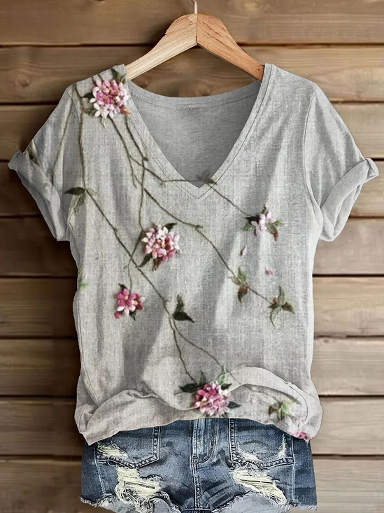 Damen Geblümt Kurzarm T-Shirts T-Shirt V-Ausschnitt Print Lässig Sommer T-Shirt mit Grafik Oberteile