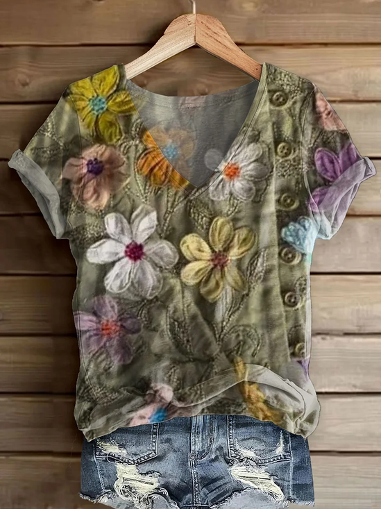 Damen Geblümt Kurzarm T-Shirts T-Shirt V-Ausschnitt Print Lässig Sommer T-Shirt mit Grafik Oberteile