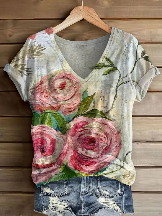 Damen Geblümt Kurzarm T-Shirts T-Shirt V-Ausschnitt Print Lässig Sommer T-Shirt mit Grafik Oberteile