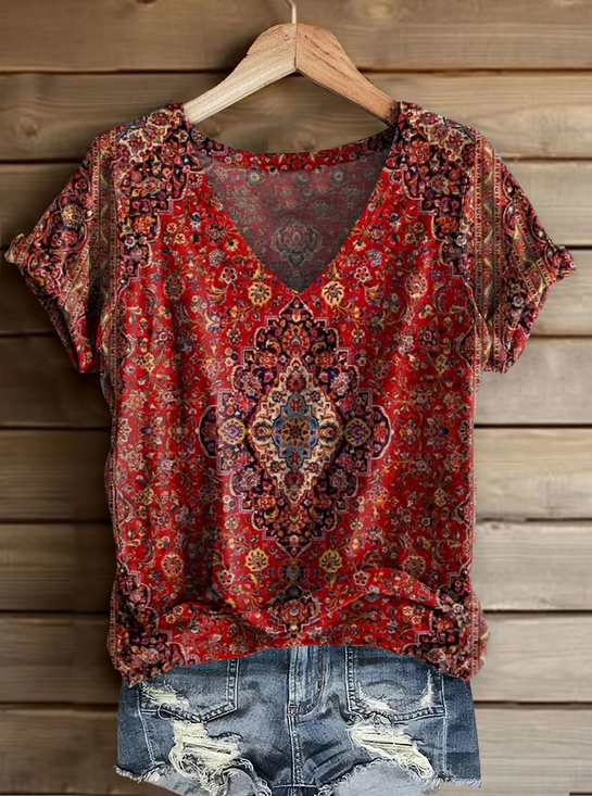 Damen Geblümt Kurzarm T-Shirts T-Shirt V-Ausschnitt Print Lässig Sommer T-Shirt mit Grafik Oberteile