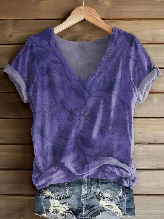 Damen Geblümt Kurzarm T-Shirts T-Shirt V-Ausschnitt Print Lässig Sommer T-Shirt mit Grafik Oberteile