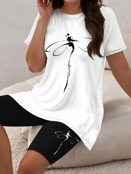 Damen Libelle Print Zweiteiliges Set Täglich Kurzarm Lässig Sommer Bluse mit Hose Matching Set
