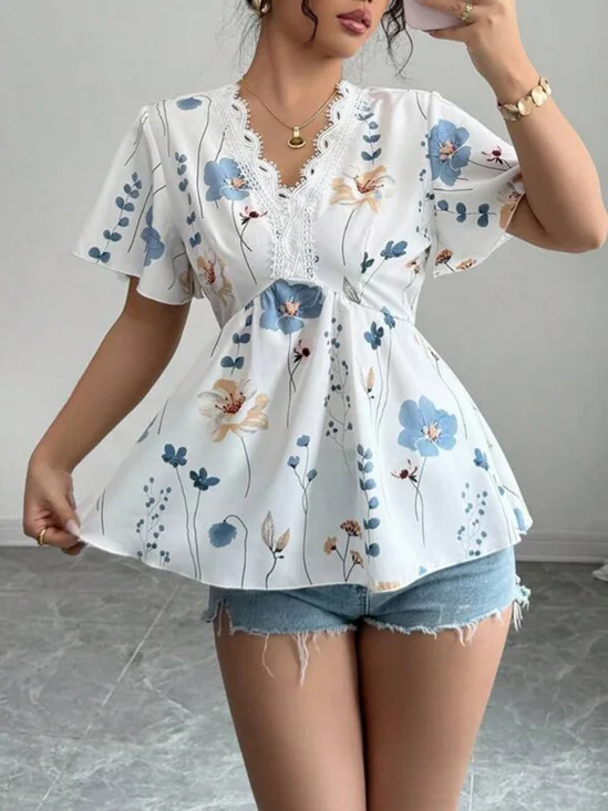 Damen Unifarben Kurzarm T-Shirts T-Shirt V-Ausschnitt Stickerei Lässig Sommer Tunika Oberteile