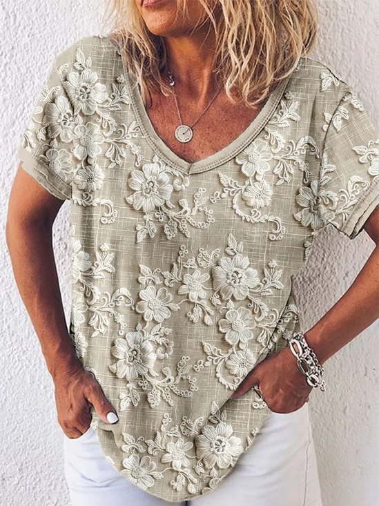Damen Geblümt Kurzarm T-Shirts T-Shirt V-Ausschnitt Print Lässig Sommer T-Shirt mit Grafik Oberteile