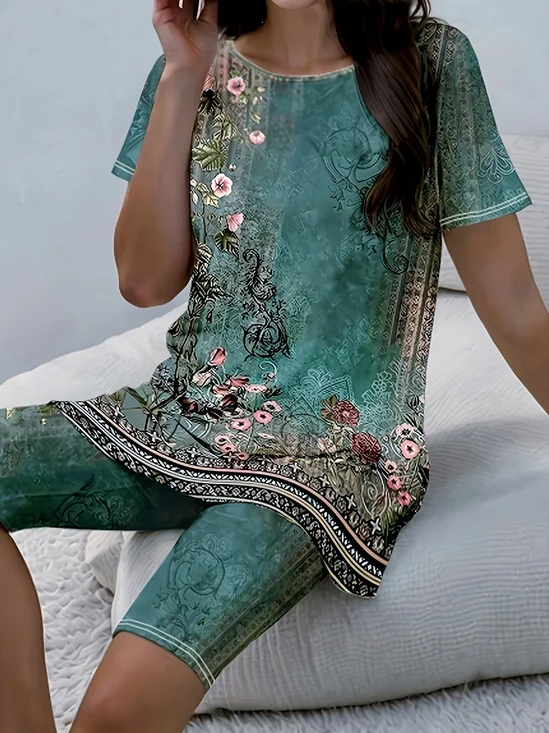 Damen Geblümt Print Zweiteiliges Set Täglich Kurzarm Lässig Sommer Bluse mit Hose Matching Set