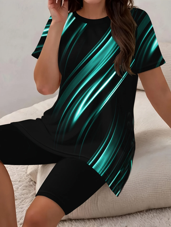 Damen Abstrakt Print Zweiteiliges Set Täglich Kurzarm Lässig Sommer Bluse mit Hose Matching Set