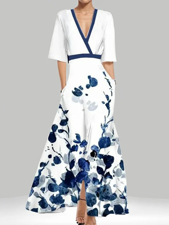 Damen Geblümt Kurzarm Sommer Print Kleid V-Ausschnitt Täglich Retro Maxikleid Tanktop A-Linien-Kleid