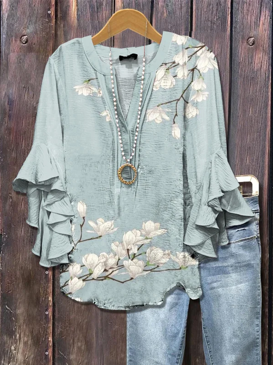Damen Geblümt Halbarm Bluse Sommer Print V-Ausschnitt Täglich Lässig Oberteile