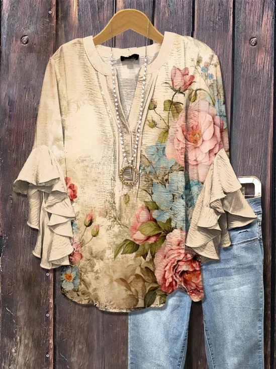 Damen Geblümt Halbarm Bluse Sommer Print V-Ausschnitt Täglich Lässig Oberteile