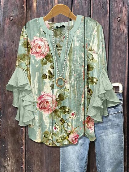 Damen Geblümt Halbarm Bluse Sommer Print V-Ausschnitt Täglich Lässig Oberteile
