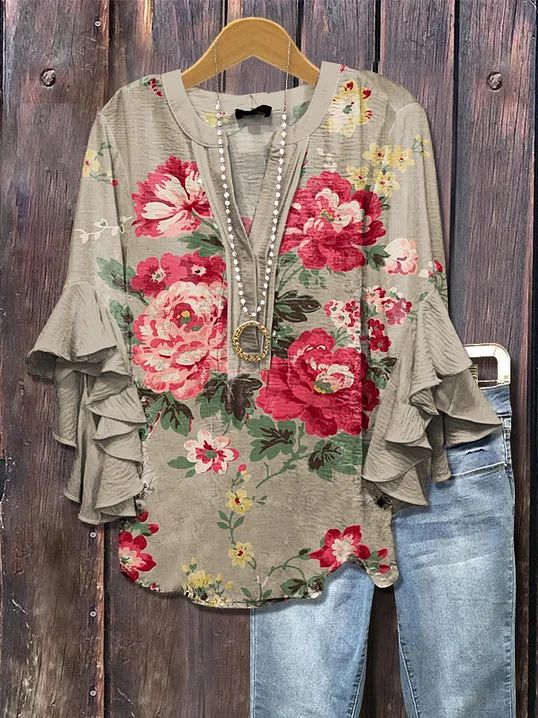 Damen Geblümt Halbarm Bluse Sommer Print V-Ausschnitt Täglich Lässig Oberteile