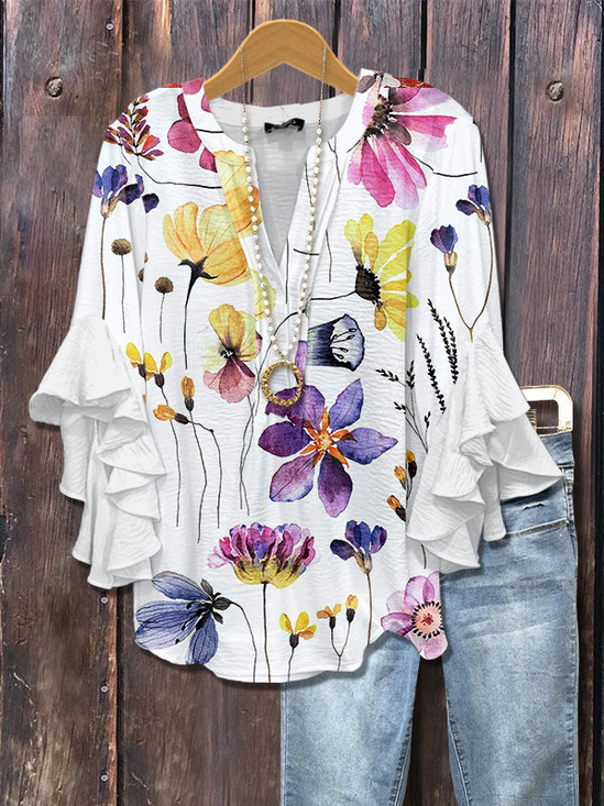 Damen Geblümt Halbarm Bluse Sommer Print V-Ausschnitt Täglich Lässig Oberteile