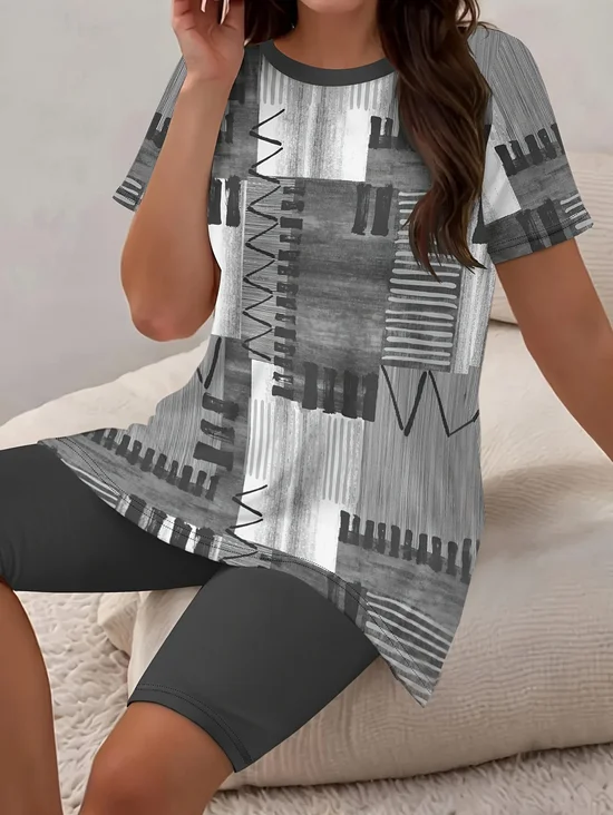 Damen Abstrakt Print Zweiteiliges Set Täglich Kurzarm Lässig Sommer Bluse mit Hose Matching Set