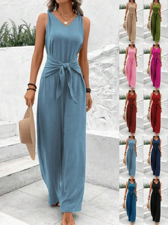 Damen Unifarben V-Ausschnitt Ärmellos Lässig Sommer Jumpsuit