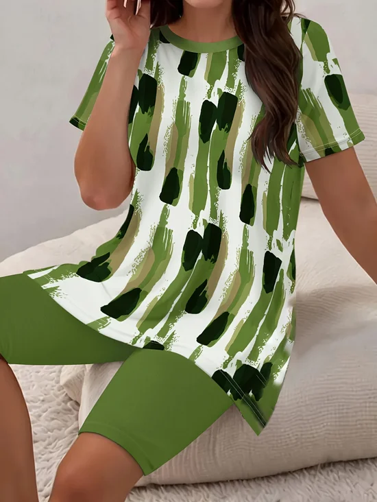 Damen Abstrakt Print Zweiteiliges Set Täglich Kurzarm Lässig Sommer Bluse mit Hose Matching Set