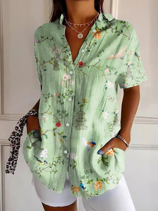 Damen Geblümt Kurzarm Bluse Sommer Print Hemdkragen Täglich Lässig Oberteile