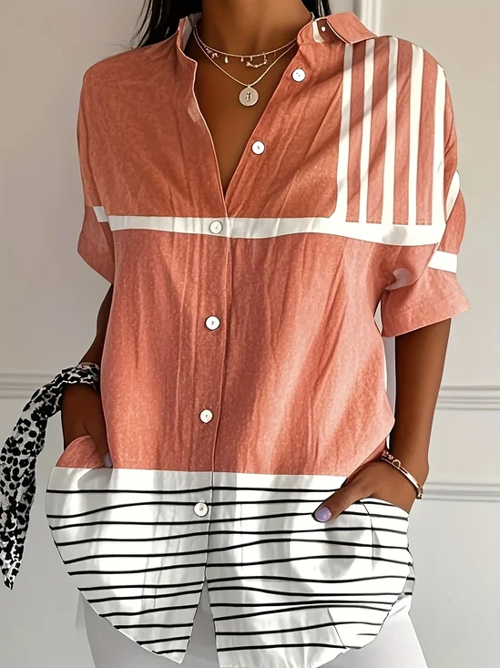 Damen Gestreift Kurzarm Bluse Sommer Print Hemdkragen Täglich Lässig Oberteile