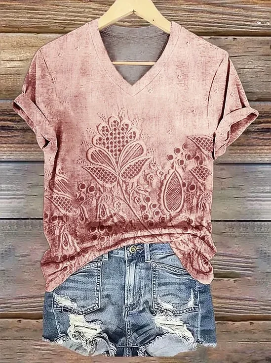 Damen Geblümt Kurzarm T-Shirts T-Shirt V-Ausschnitt Print Lässig Sommer T-Shirt mit Grafik Oberteile