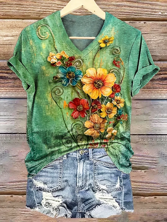 Damen Geblümt Kurzarm T-Shirts T-Shirt V-Ausschnitt Print Lässig Sommer T-Shirt mit Grafik Oberteile