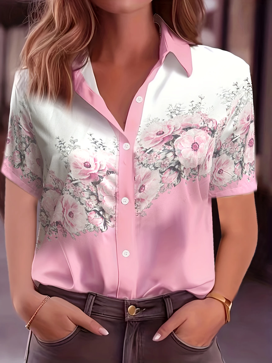 Damen Geblümt Kurzarm Bluse Sommer Print Hemdkragen Täglich Lässig Oberteile
