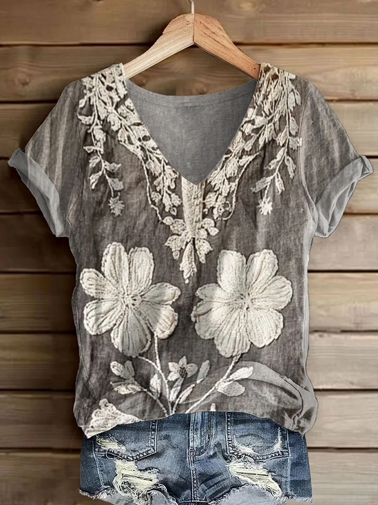 Damen Geblümt Kurzarm T-Shirts T-Shirt V-Ausschnitt Print Lässig Sommer T-Shirt mit Grafik Oberteile