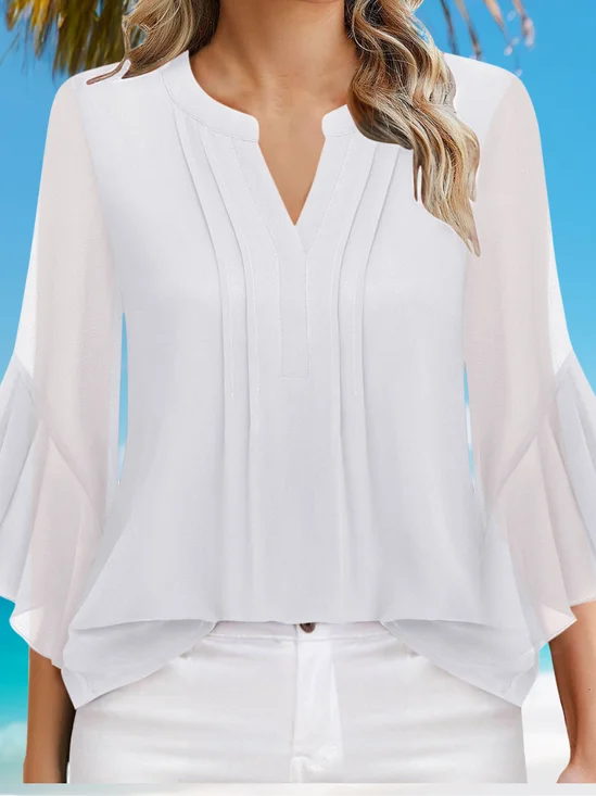 Damen Unifarben Dreiviertelärmel Bluse Frühling/Herbst Print V-Ausschnitt Rüschenärmel Täglich Lässig Oberteile