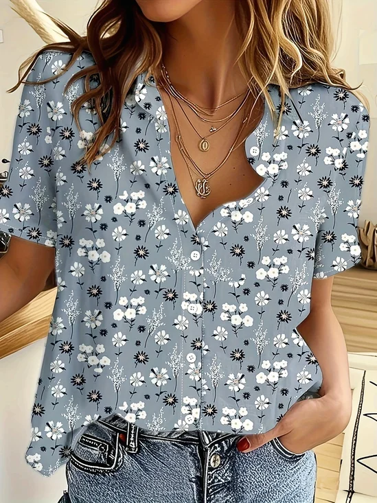 Damen Geblümt Kurzarm Bluse Sommer Print Hemdkragen Täglich Lässig Oberteile