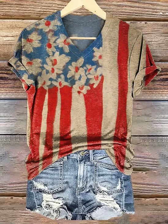 Damen Geblümt Kurzarm T-Shirts T-Shirt V-Ausschnitt Print Lässig Sommer T-Shirt mit Grafik Oberteile