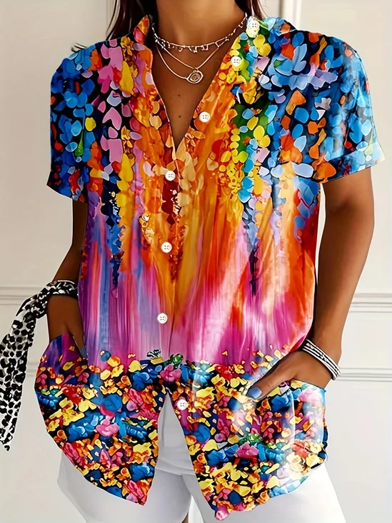 Damen Abstrakt Kurzarm Bluse Sommer Print Hemdkragen Täglich Lässig Oberteile