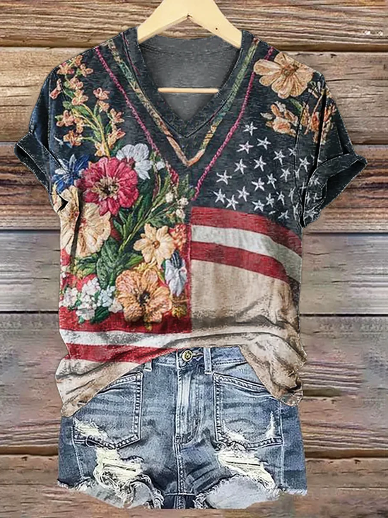 Damen Geblümt Kurzarm T-Shirts T-Shirt V-Ausschnitt Print Lässig Sommer T-Shirt mit Grafik Oberteile