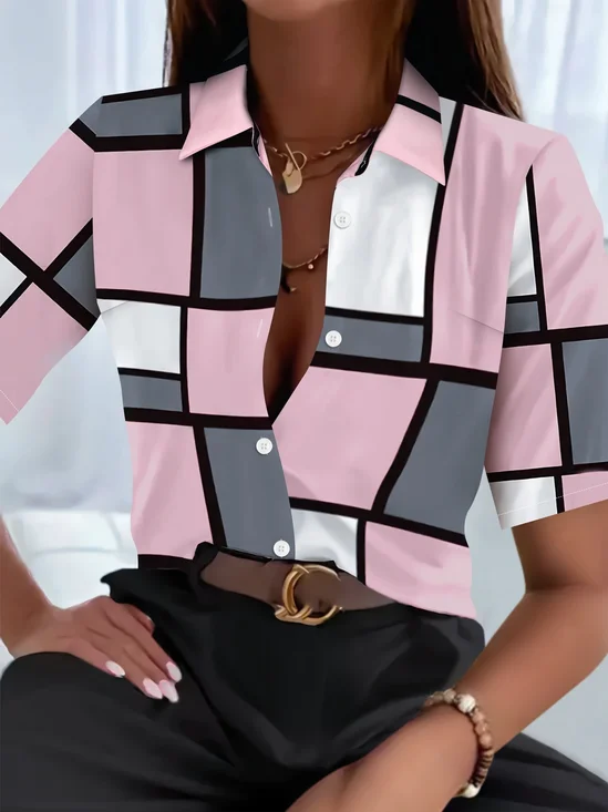 Damen Kariert Kurzarm Bluse Sommer Print Hemdkragen Täglich Lässig Oberteile