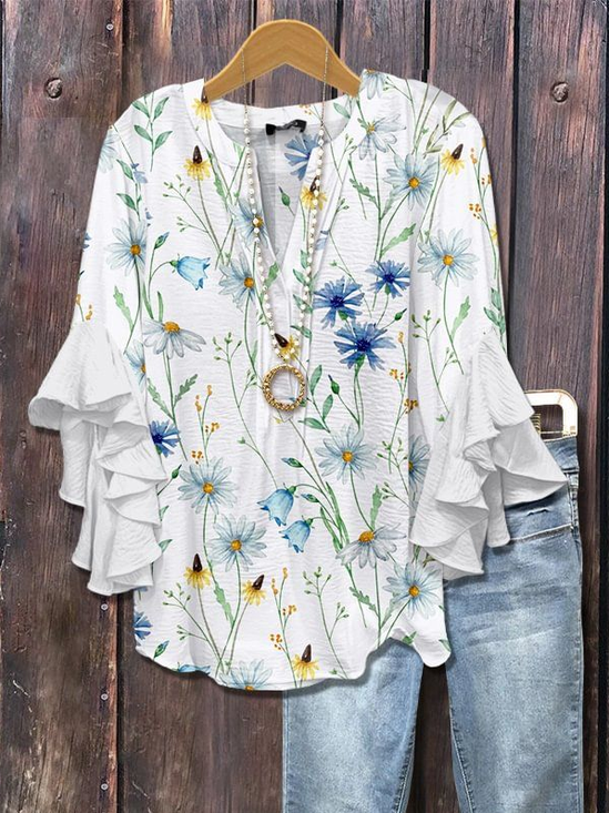Damen Geblümt Halbarm Bluse Sommer Print V-Ausschnitt Täglich Lässig Oberteile