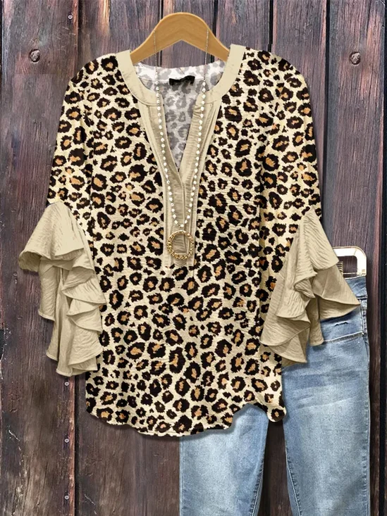 Damen Leopard Halbarm Bluse Sommer Print V-Ausschnitt Täglich Lässig Oberteile