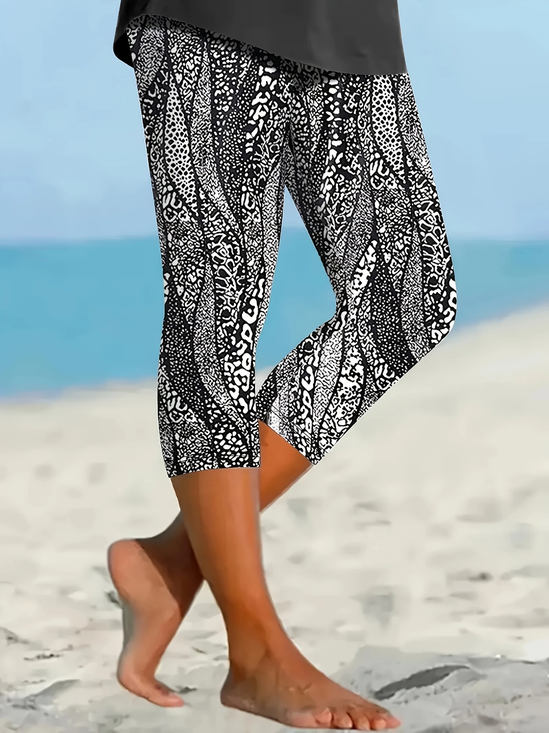 Damen Abstrakt Caprihosen Elastische Taille Hose Lässig Sommer Hose