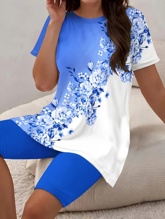 Damen Geblümt Print Zweiteiliges Set Täglich Kurzarm Lässig Sommer Bluse mit Hose Matching Set