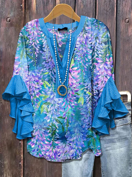 Damen Geblümt Halbarm Bluse Sommer Print V-Ausschnitt Täglich Lässig Oberteile