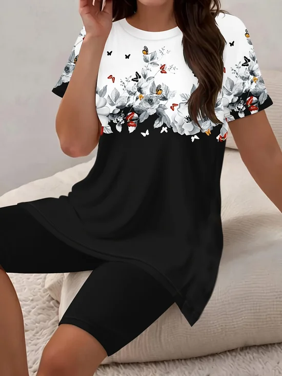 Damen Geblümt Print Zweiteiliges Set Täglich Kurzarm Lässig Sommer Bluse mit Hose Matching Set