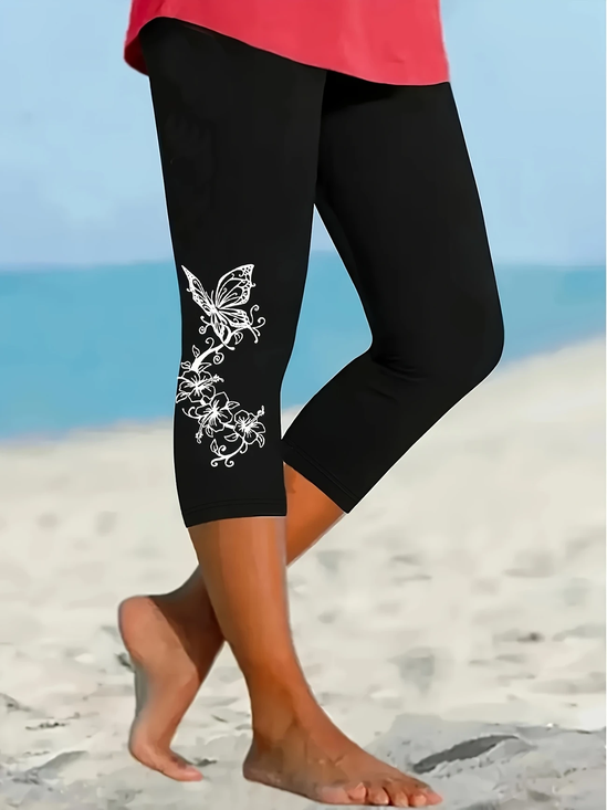 Damen Geblümt Caprihosen Elastische Taille Hose Lässig Sommer Hose