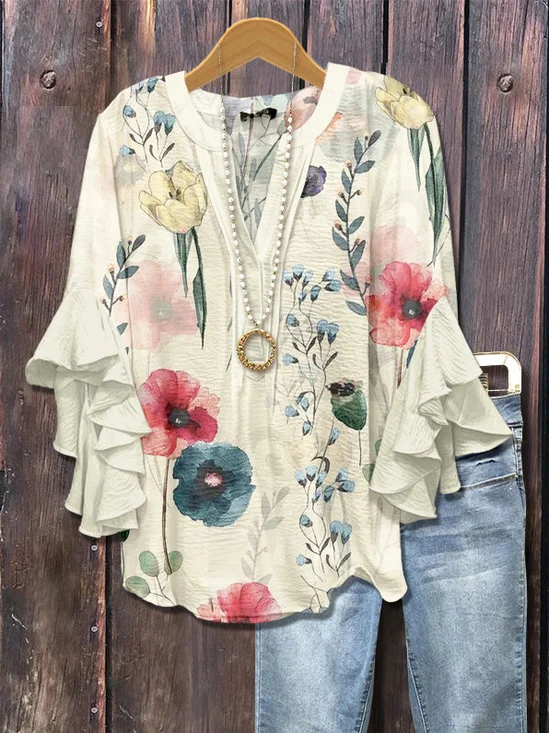 Damen Geblümt Halbarm Bluse Sommer Print V-Ausschnitt Täglich Lässig Oberteile