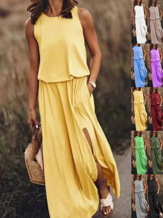 Damen Unifarben Ärmellos Sommer Nahtverarbeitung Kleid Rundhals Täglich Retro Maxikleid Tanktop A-Linien-Kleid