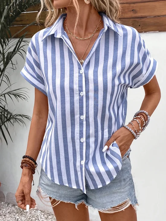 Damen Gestreift Kurzarm Bluse Sommer Print Hemdkragen Täglich Lässig Oberteile