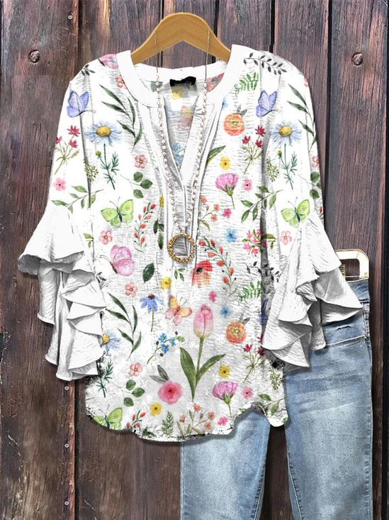 Damen Geblümt Halbarm Bluse Sommer Print V-Ausschnitt Täglich Lässig Oberteile
