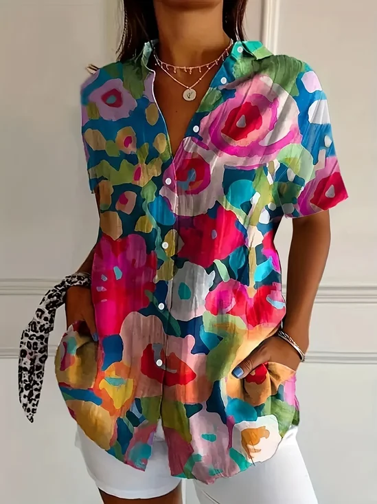 Damen Geblümt Kurzarm Bluse Sommer Print Hemdkragen Täglich Lässig Oberteile