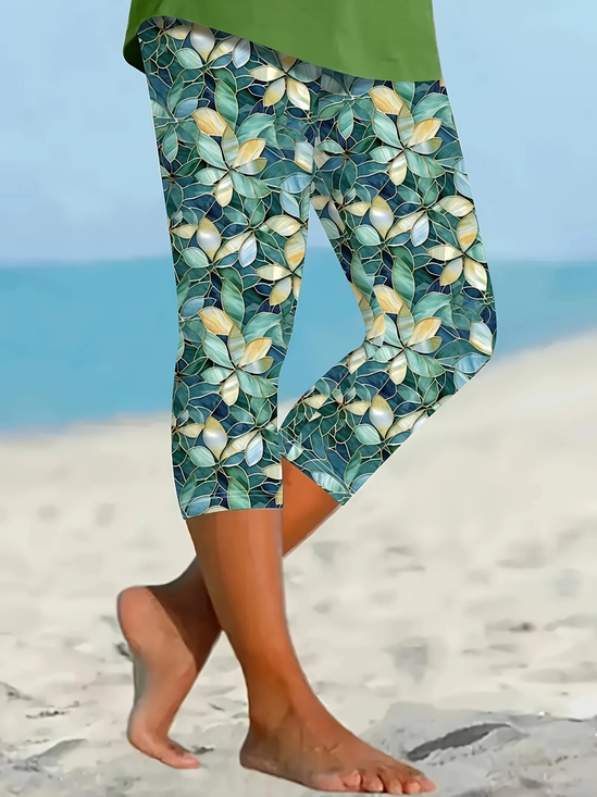 Damen Geblümt Caprihosen Elastische Taille Hose Lässig Sommer Hose