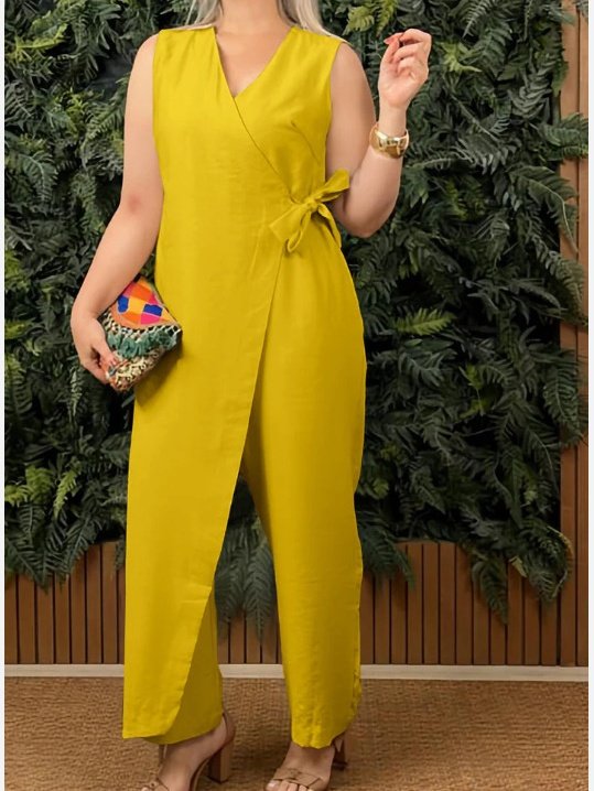 Damen Unifarben V-Ausschnitt Halbarm Lässig Sommer Baumwolle Jumpsuit