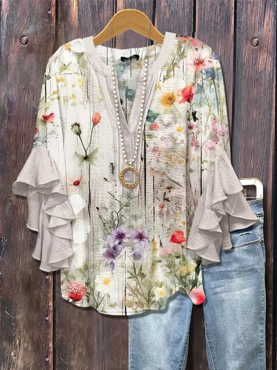 Damen Geblümt Halbarm Bluse Sommer Print V-Ausschnitt Täglich Lässig Oberteile
