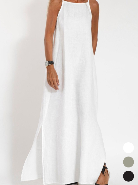 Damen Unifarben Ärmellos Sommer Nahtverarbeitung Kleid Rundhals Täglich Retro Maxikleid Tanktop A-Linien-Kleid