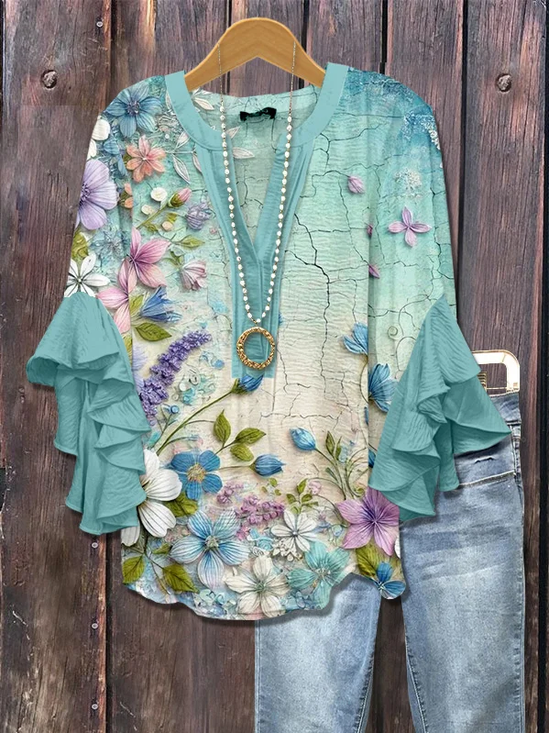 Damen Geblümt Halbarm Bluse Sommer Print V-Ausschnitt Täglich Lässig Oberteile