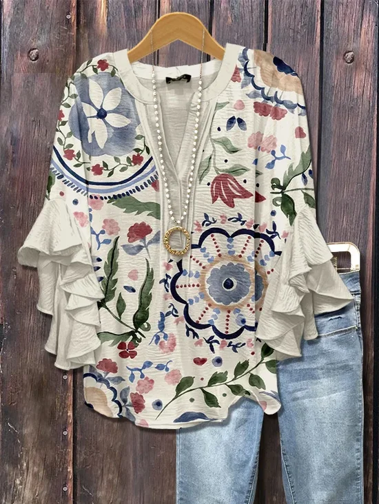 Damen Geblümt Halbarm Bluse Sommer Print V-Ausschnitt Täglich Lässig Oberteile